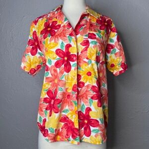 Vintage 90's Small women's bright floral reds and yellows cotton Hawaiian shirt